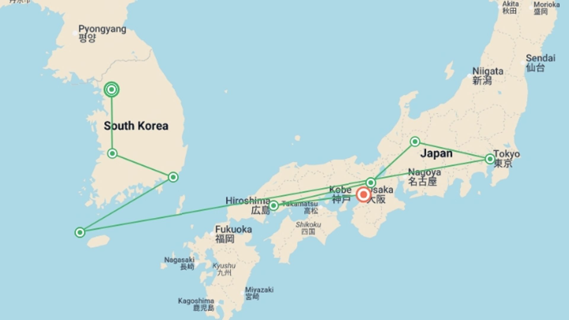 A map showing the tour itinerary for the trip: Seoul to Osaka: Beaches & Big Cities, starting in Seoul, South Korea and ending in Osaka, Japan going through 7 other destinations.