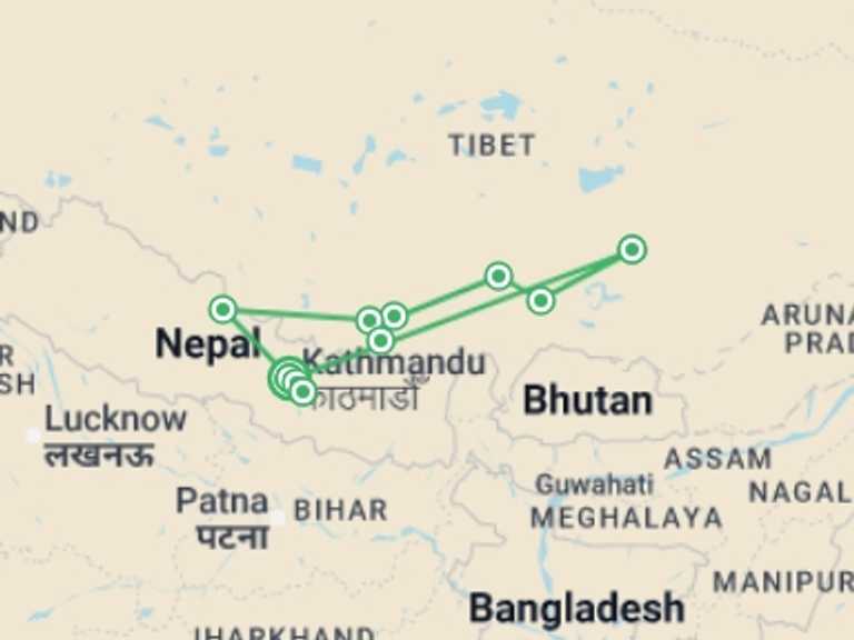 Map of 13-Day China Tour with 9 destination visits for the trip: Lhasa to Kathmandu via Tibet's Everest BC
