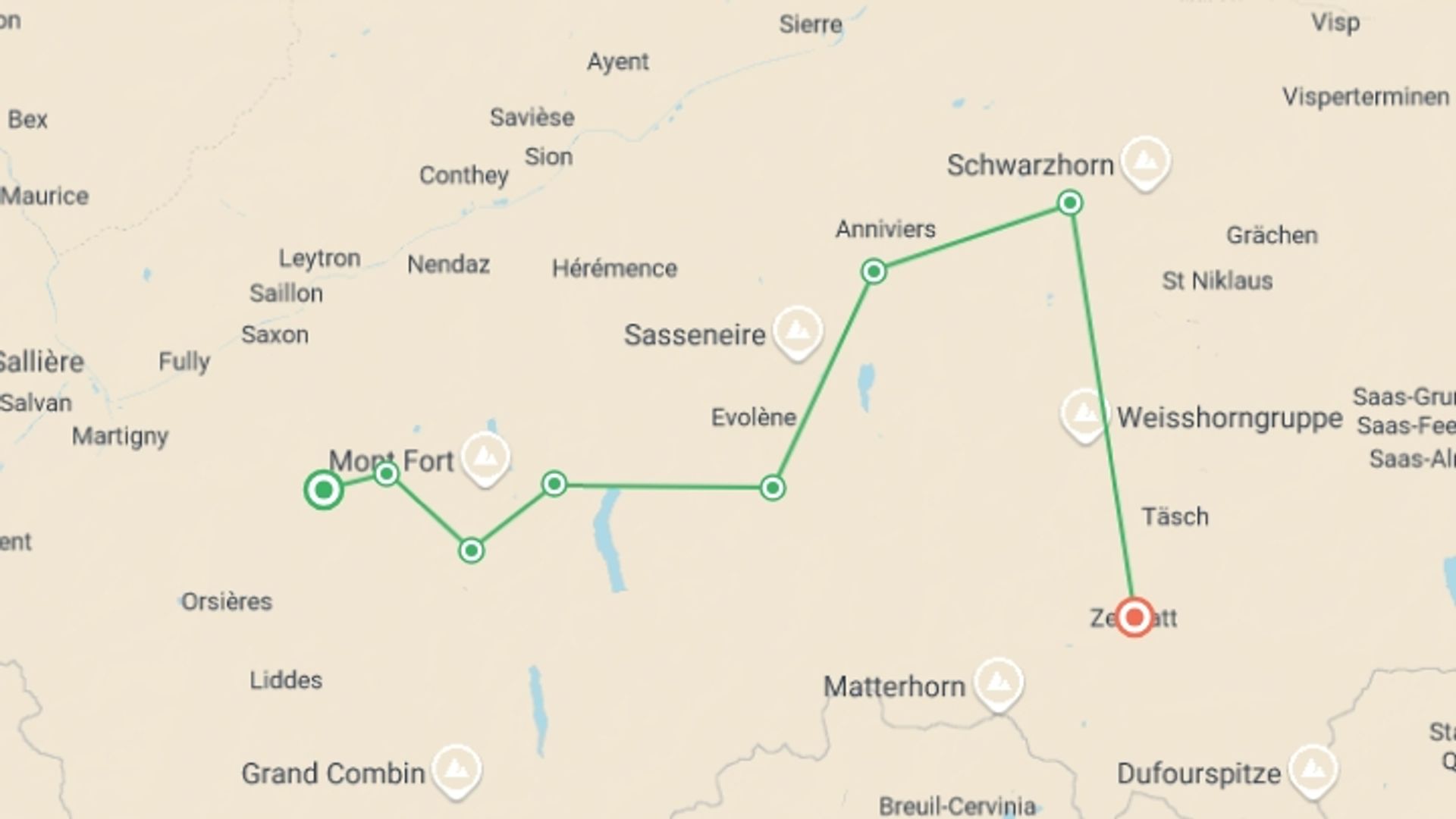 A map showing the tour itinerary for the trip: Haute Route - Switzerland Guided Hike, starting in Le Chable, Switzerland and ending in Zermatt, Switzerland going through 5 other destinations.