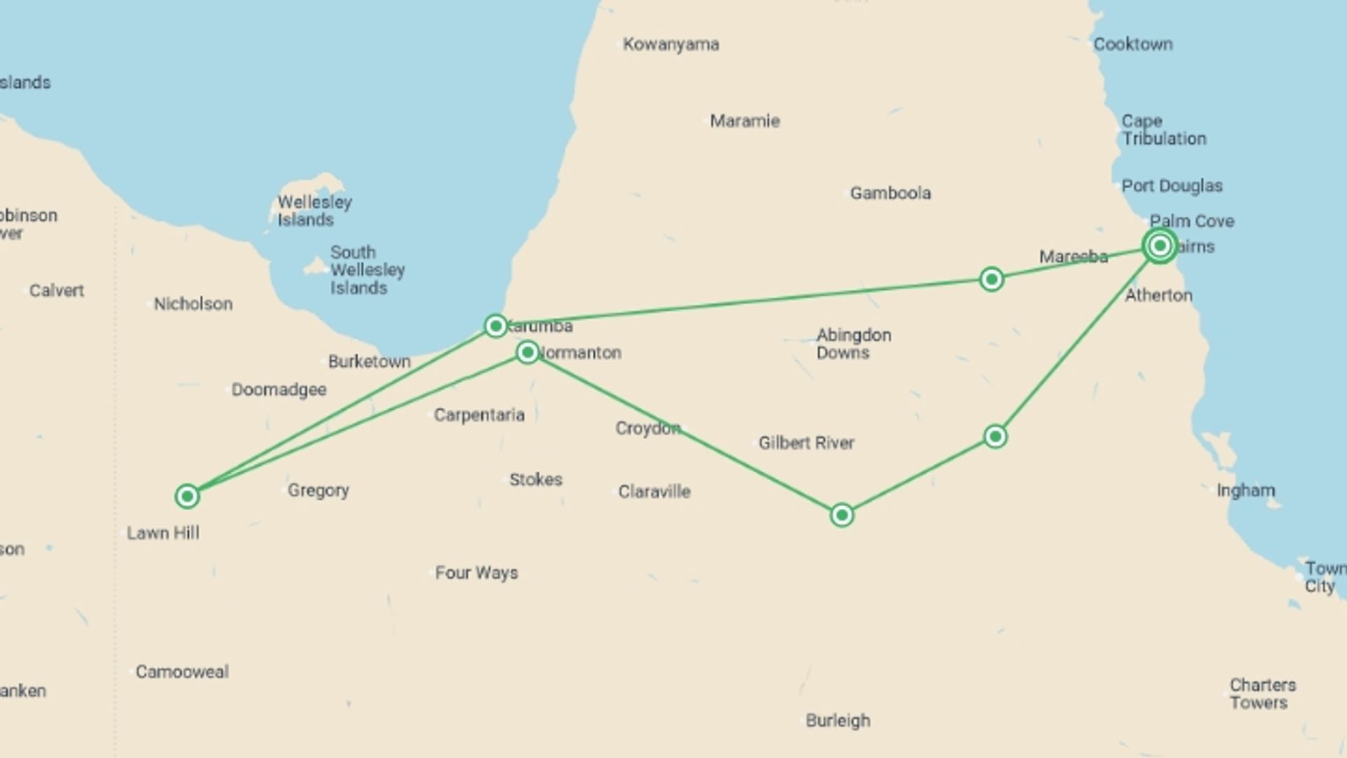 A map showing the tour itinerary for the trip: Gulf Savannah Wanderer, starting in Cairns, Australia and ending in Cairns, Australia going through 7 other destinations.