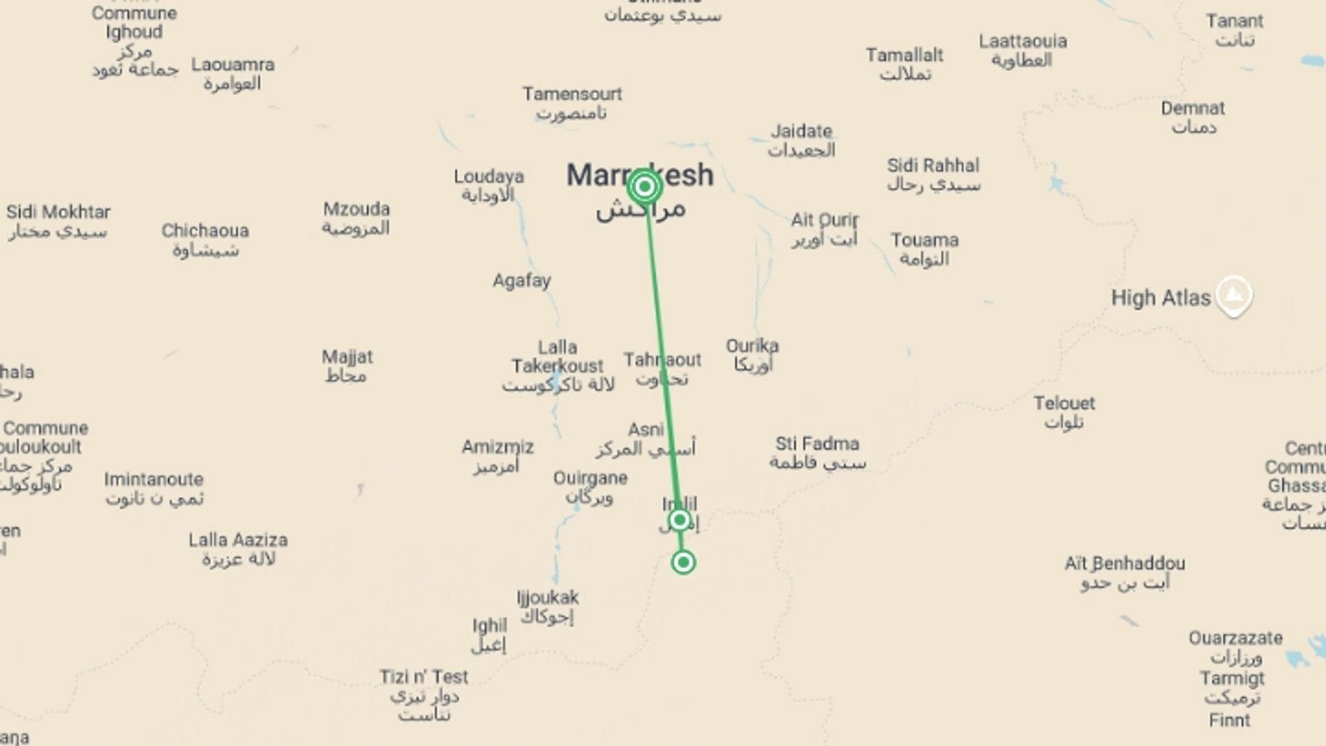 A map showing the tour itinerary for the trip: Mount Toubkal Trek, starting in Marrakech, Morocco and ending in Marrakech, Morocco going through 2 other destinations.