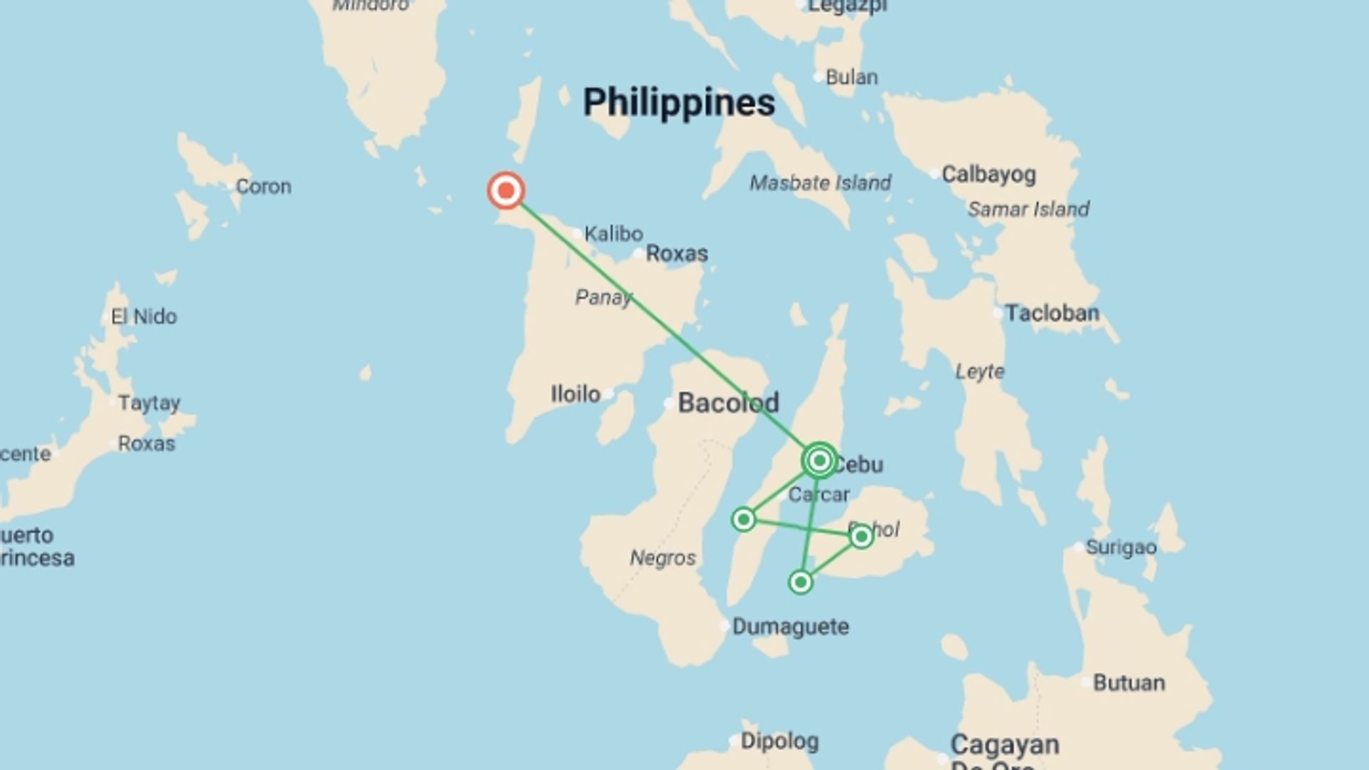 A map showing the tour itinerary for the trip: Philippines Island Hopping East, starting in Cebu, Philippines and ending in Boracay, Philippines going through 3 other destinations.