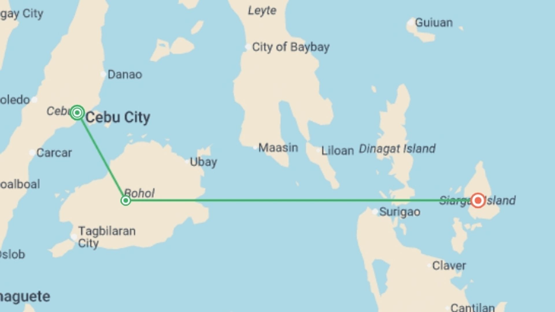 A map showing the tour itinerary for the trip: Philippines Siargao Adventure, starting in Cebu, Philippines and ending in Siargao, Philippines going through 1 other destinations.