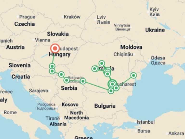 Map of Europe Tour with 9 destination visits for the trip: Along the Danube, the Balkan peninsula and Budapest (port-to-port cruise)