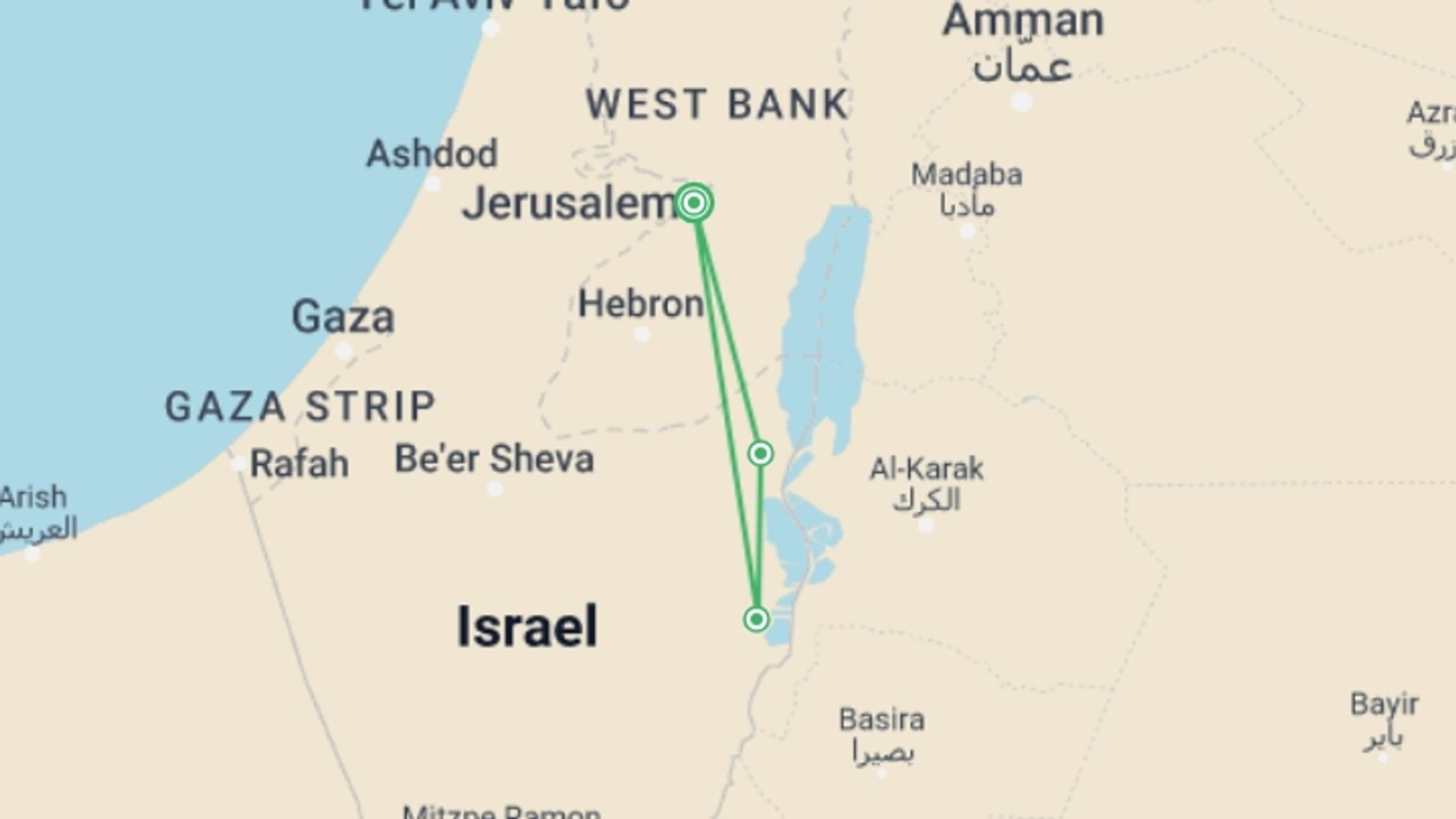 A map showing the tour itinerary for the trip: Christian Jerusalem And Dead Sea Tour, 2 Days From Jerusalem, starting in Jerusalem, Israel and ending in Jerusalem, Israel going through 1 other destinations.