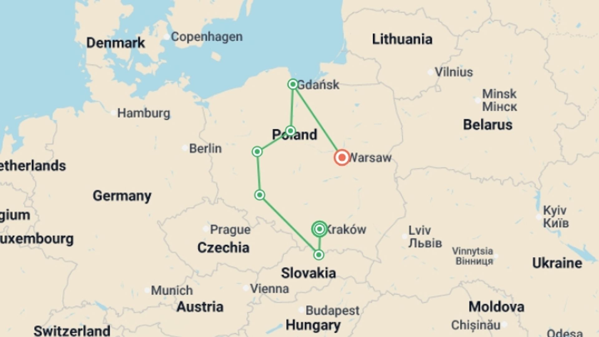 A map showing the tour itinerary for the trip: Highlights of Poland, starting in Krakow, Poland and ending in Warsaw, Poland going through 4 other destinations.