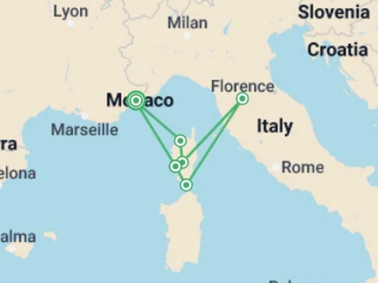 Map of Europe Tour with 6 destination visits for the trip: Corsica reveals its hidden treasures (port-to-port package)