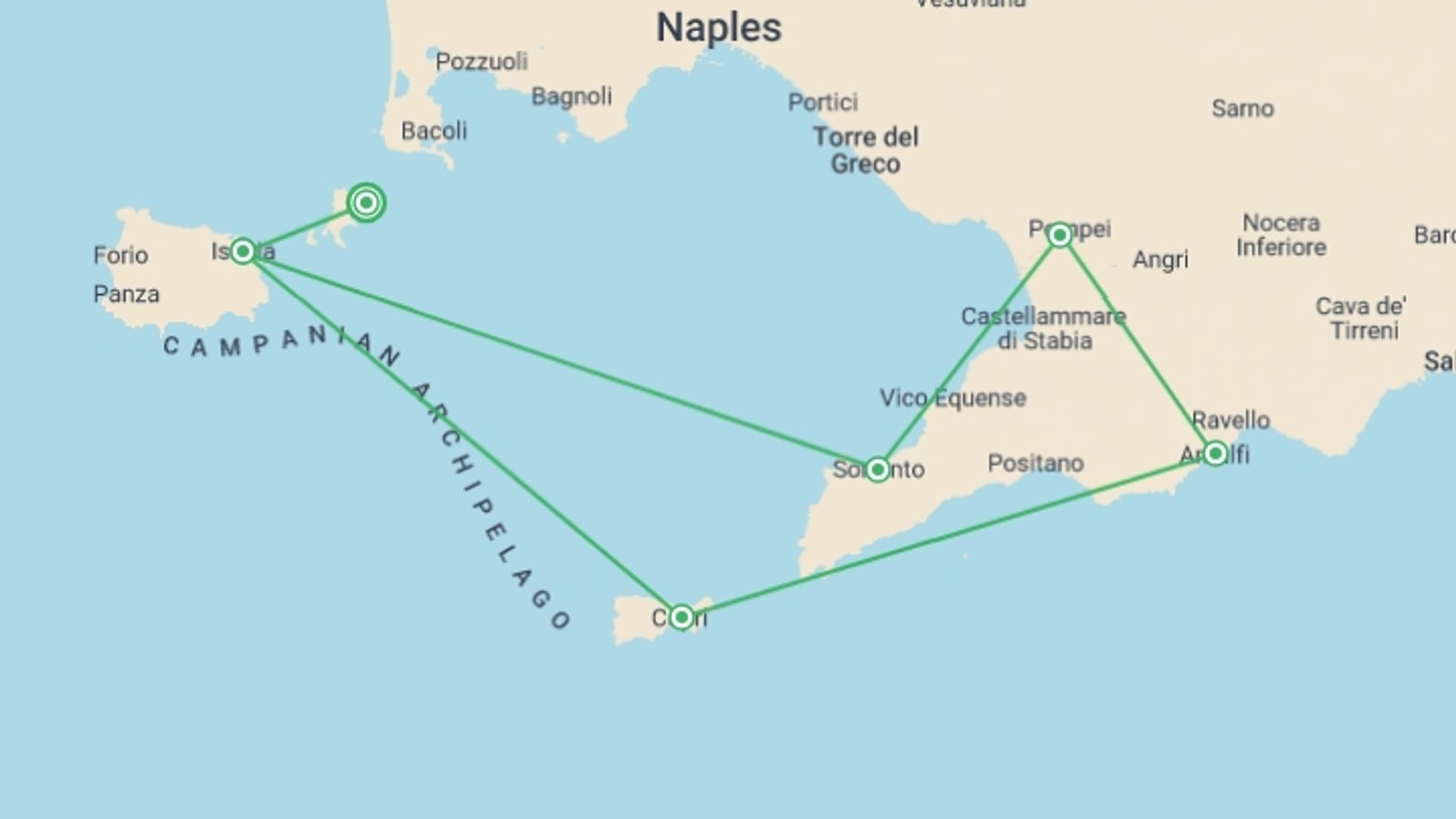 A map showing the tour itinerary for the trip: Amalfi Coast Sailing Adventure, starting in Procida, Italy and ending in Procida, Italy going through 5 other destinations.
