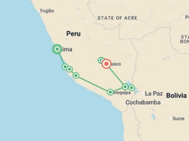 Map of a Sightseeing, attractions, culture and history Tour with 7 destination visits for the trip: Lima to Machu Picchu Road Trip
