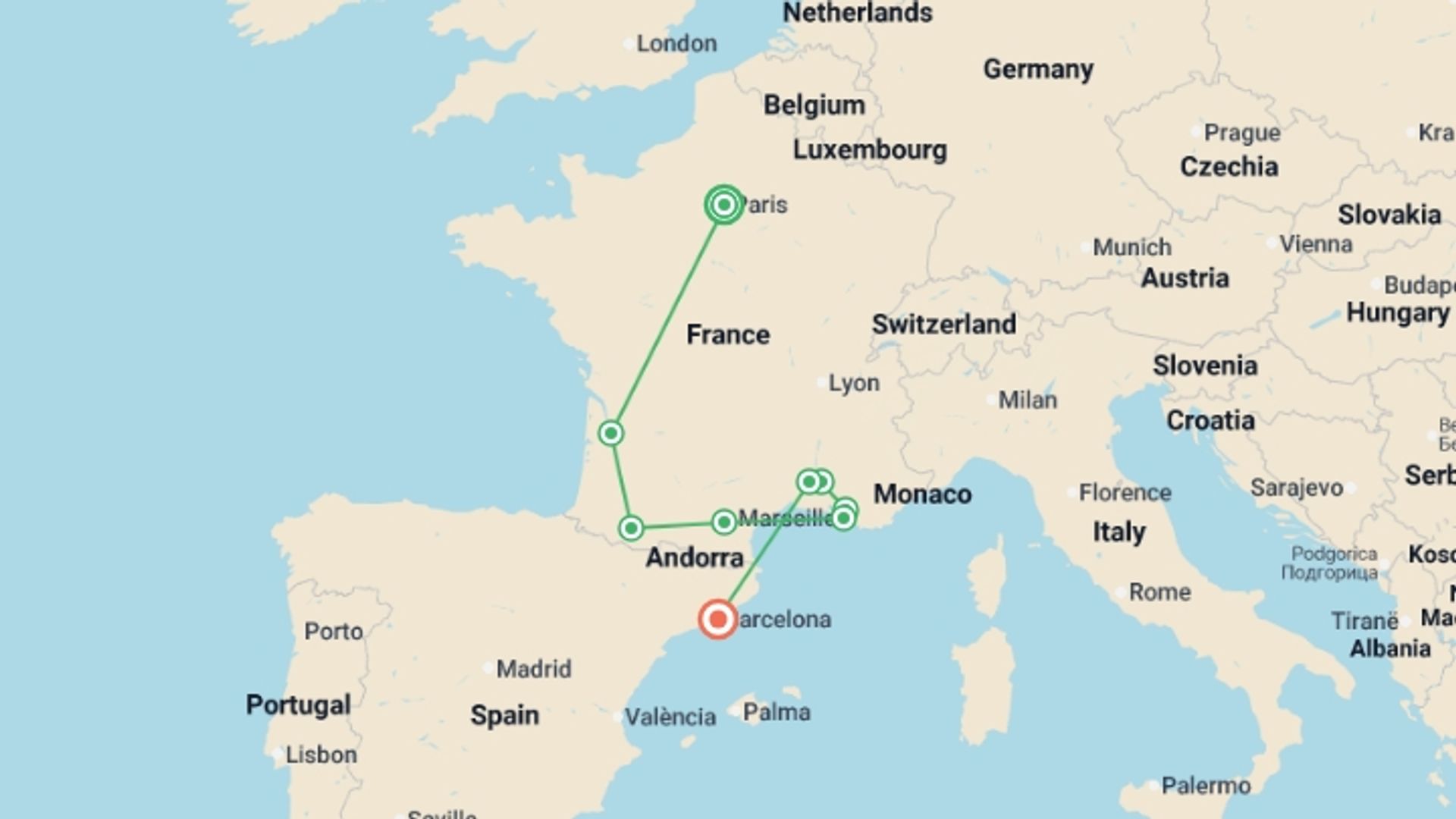 A map showing the tour itinerary for the trip: Paris, Lourdes, Côte d Azur, Provence and Barcelona, starting in Paris, France and ending in Barcelona, Spain going through 4 other destinations.