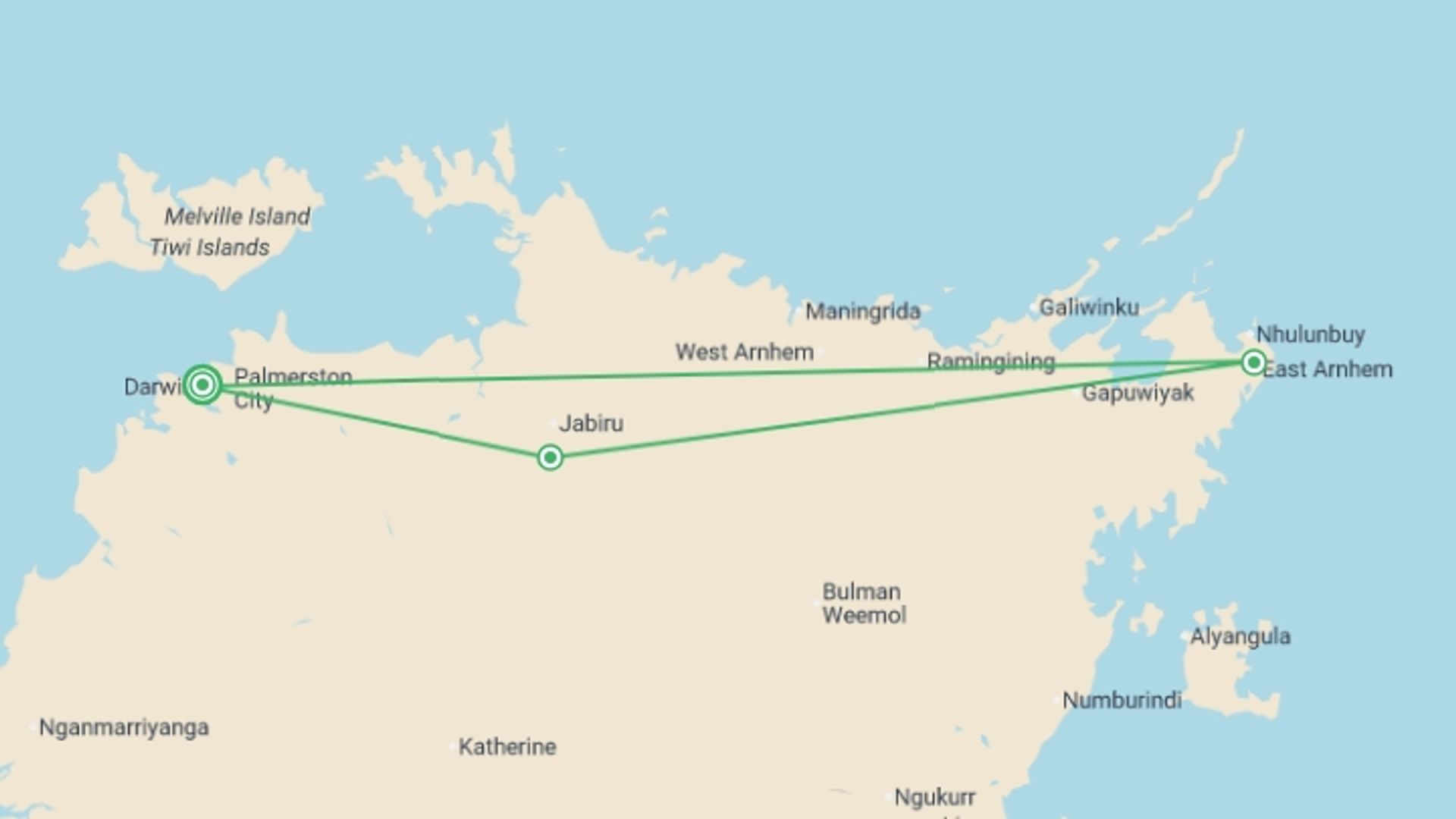 A map showing the tour itinerary for the trip: Kakadu and Arnhemland, starting in Darwin, Australia and ending in Darwin, Australia going through 2 other destinations.