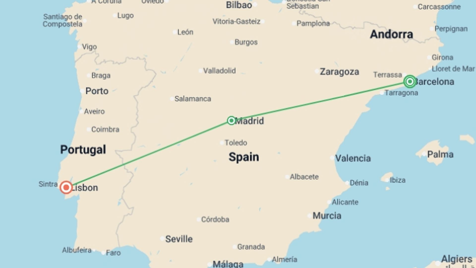A map showing the tour itinerary for the trip: Barcelona Madrid and Lisbon City Package, starting in Barcelona, Spain and ending in Lisbon, Portugal going through 1 other destinations.