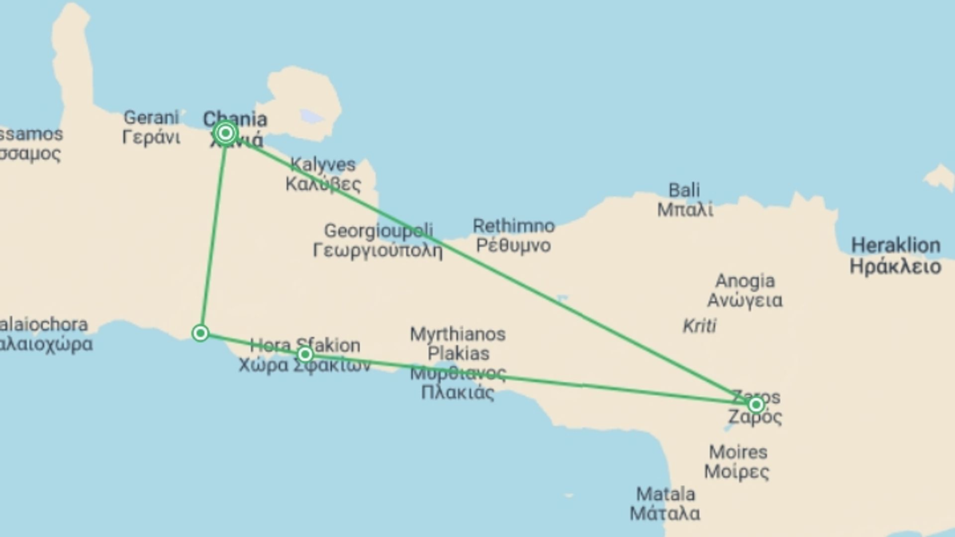 A map showing the tour itinerary for the trip: Walking in Crete, starting in Chania, Greece and ending in Chania, Greece going through 4 other destinations.