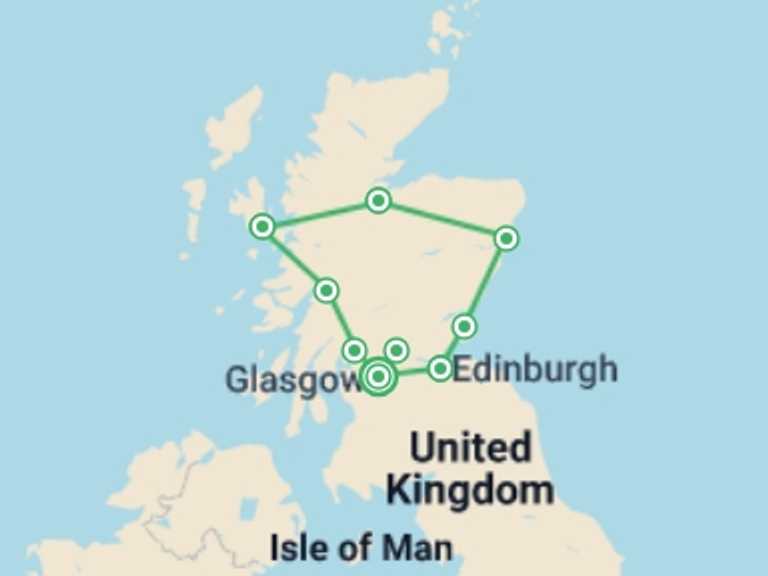 Map of UK and Britain Tour with 9 destination visits for the trip: Grand Tour of Scotland – 14-Day Journey through Hi