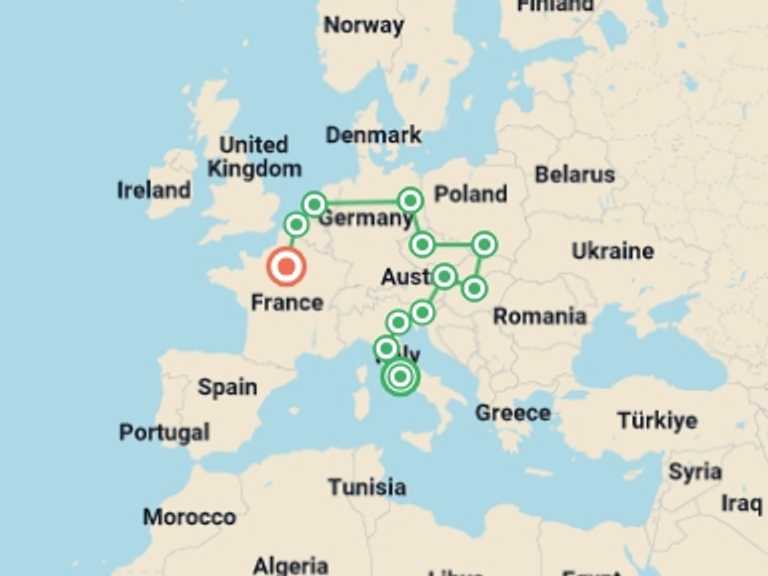 Map of Europe Tour with 12 destination visits for the trip: Rome to Paris: Cobblestones & Cuisine