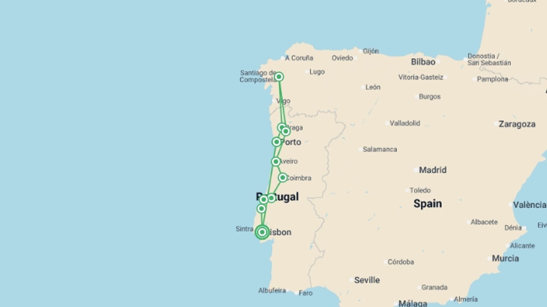 A map showing the tour itinerary for the trip: Northern Portugal with Lisbon, starting in Lisbon, Portugal and ending in Lisbon, Portugal going through 2 other destinations.