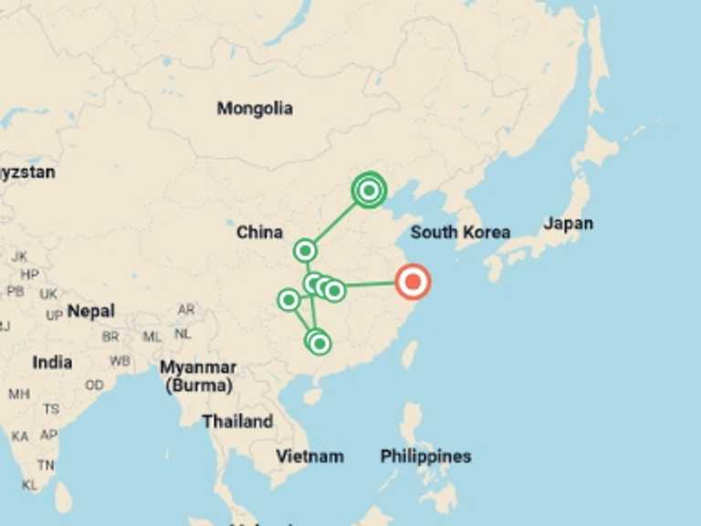 Map of 13-Day China Tour with 9 destination visits for the trip: 13 Days Relaxing China Tour & Yangtze Cruise