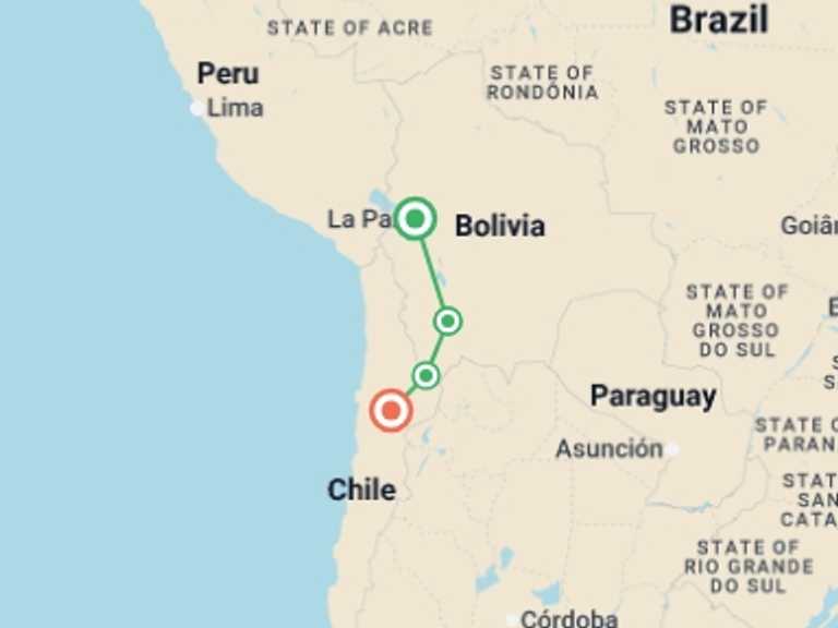 Map itinerary of South America Tour in July 2026 with 4 destination visits for the trip: Bolivia Salt Flats & Deserts - 4 days