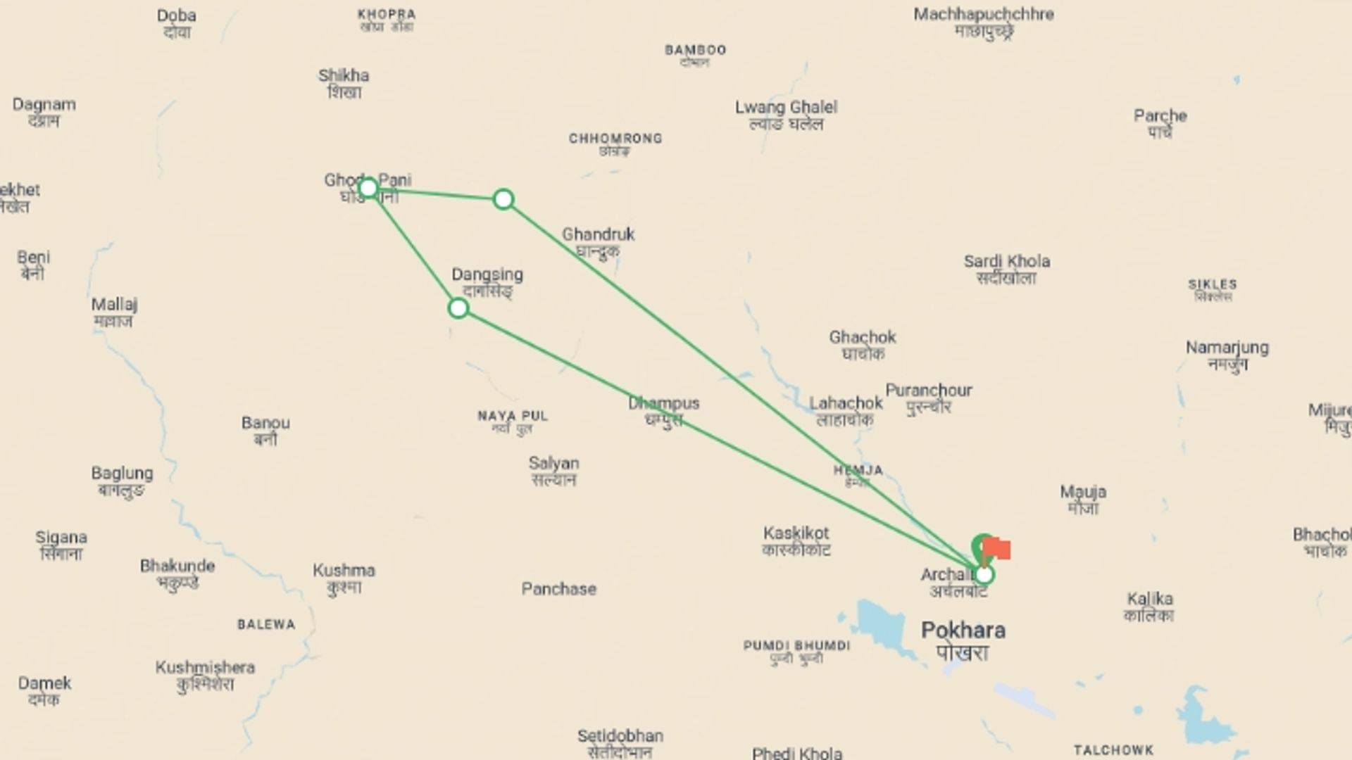 A map showing the tour itinerary for the trip: 4 Days Trek To Poon Hill, starting in Pokhara, Nepal and ending in Pokhara, Nepal going through 4 other destinations.