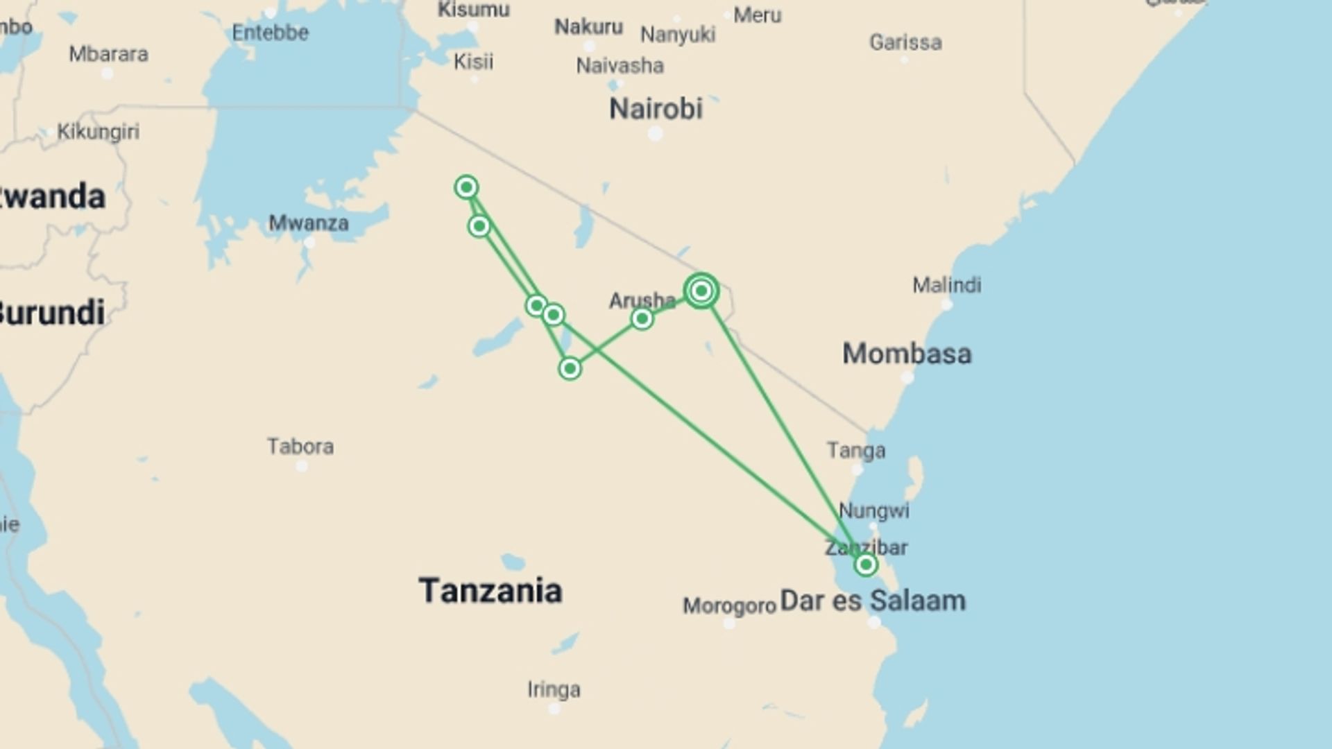 A map showing the tour itinerary for the trip: Tanzania Wildlife Safari & Zanzibar Beaches: 10 Days , starting in Kilimanjaro, Tanzania and ending in Kilimanjaro, Tanzania going through 6 other destinations.