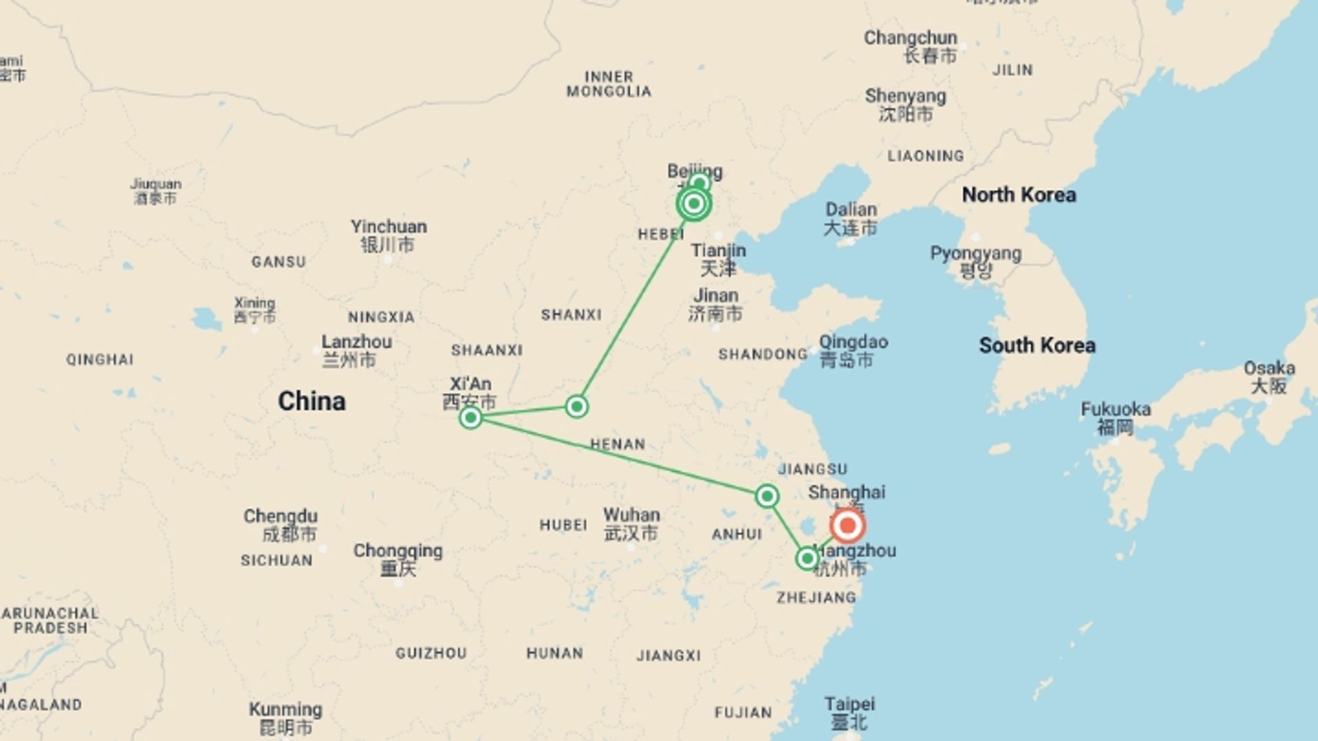 A map showing the tour itinerary for the trip: Ancient China Capitals Discovery, starting in Beijing, China and ending in Shanghai, China going through 8 other destinations.