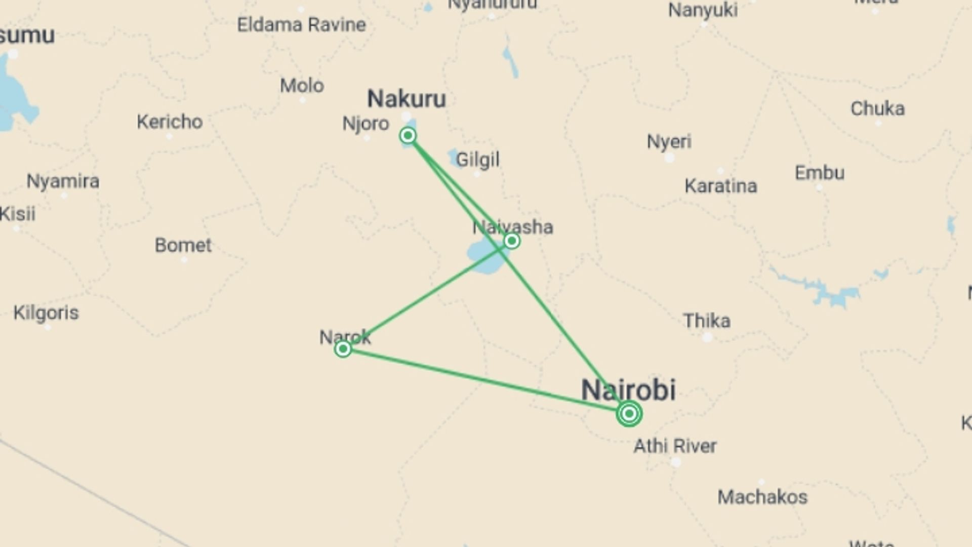 A map showing the tour itinerary for the trip: 7 DAYS PERFECT BLEND SAFARI, starting in Nairobi, Kenya and ending in Nairobi, Kenya going through 6 other destinations.