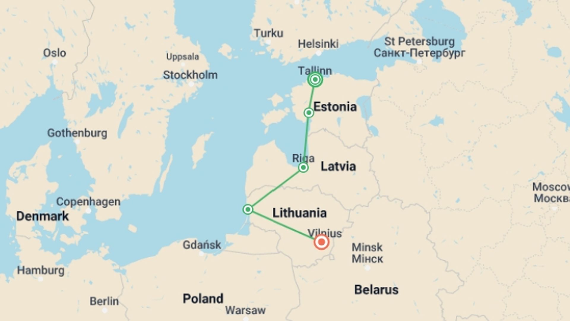 A map showing the tour itinerary for the trip: Premium Baltics, starting in Tallinn, Estonia and ending in Vilnius, Lithuania going through 3 other destinations.