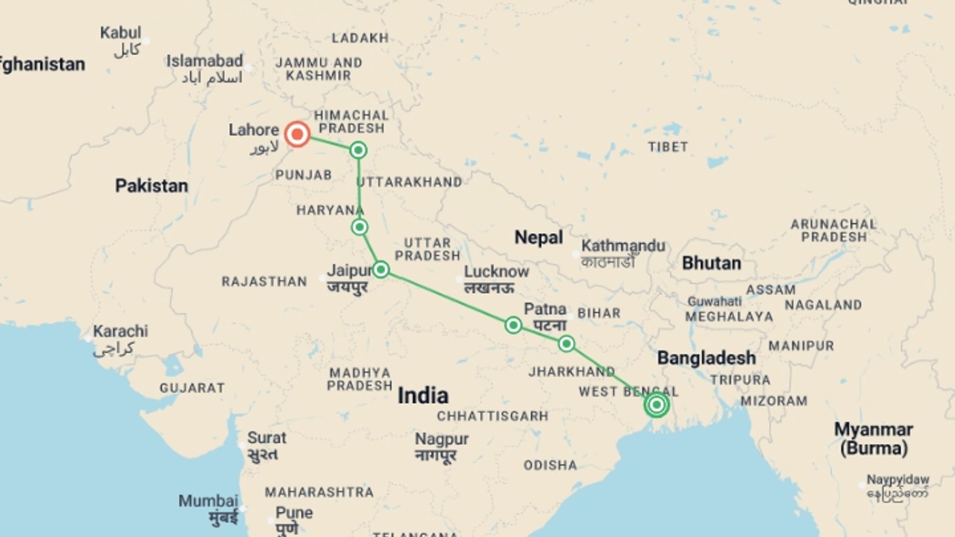 A map showing the tour itinerary for the trip: Kolkata to Amritsar, starting in Kolkata, India and ending in Amritsar, India going through 5 other destinations.