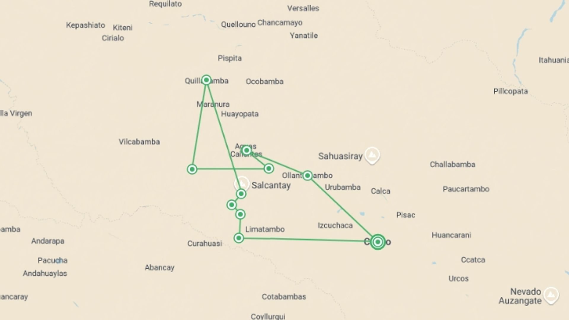 A map showing the tour itinerary for the trip: Salkantay Trek 4 Days to Machu Picchu, starting in Cusco, Peru and ending in Cusco, Peru going through 5 other destinations.