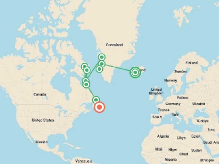 Map itinerary of Reykjavik Tour in Fall with 10 destination visits for the trip: Greenland to Newfoundland: Mountains, Wildlife and Viking History