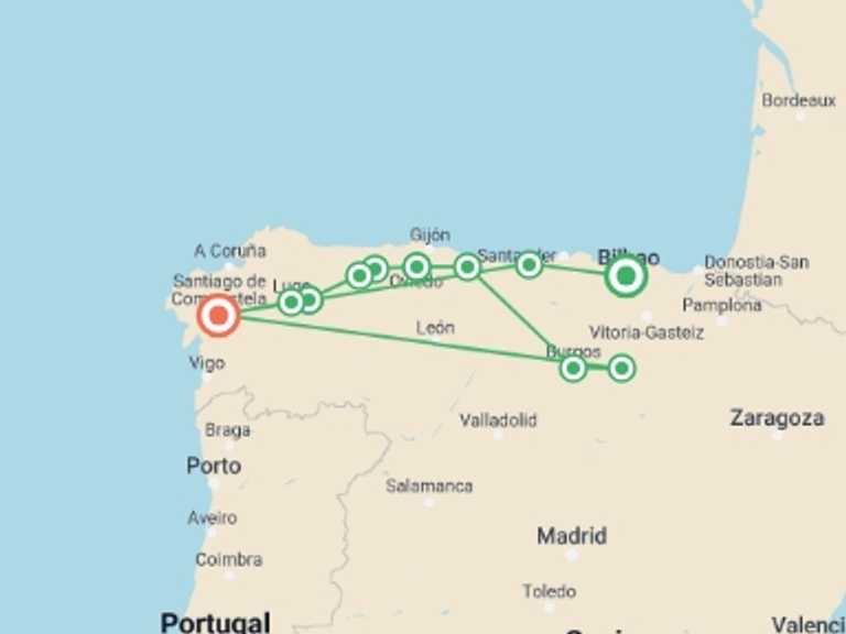 Map of 15-Day Europe Tour with 11 destination visits for the trip: Food Lover's Spanish Camino