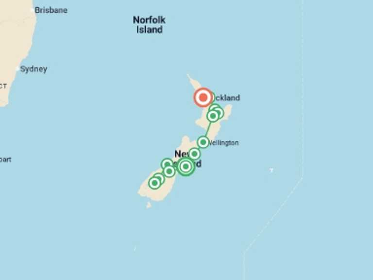 Map of a Active and outdoor Tour with 12 destination visits for the trip: New Zealand Amplified (Northbound)