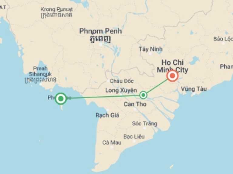 Map of Ho Chi Minh City Sightseeing Tour with 4 destination visits for the trip: Phu Quoc to Saigon 2-Day Cruise