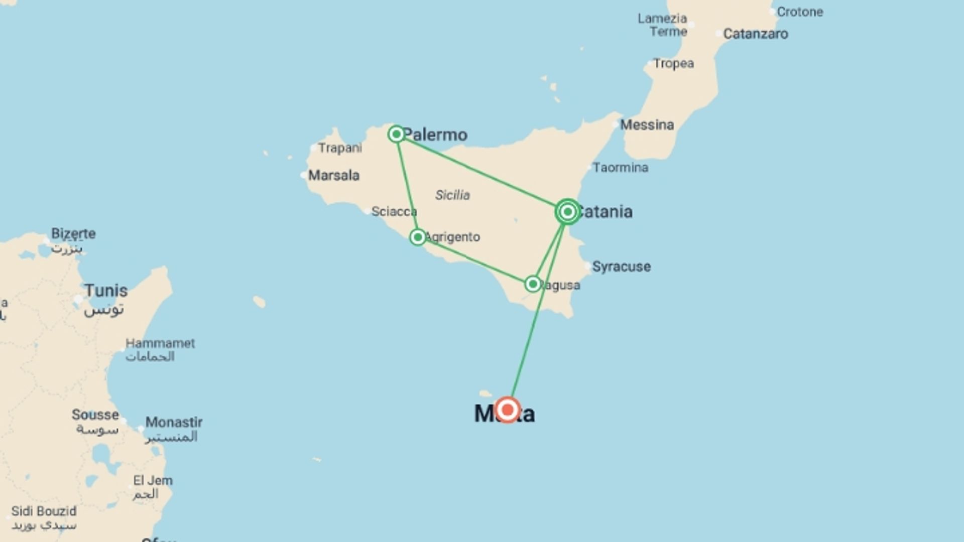A map showing the tour itinerary for the trip: Sicily & Malta Explorer - 11 days, starting in Catania, Italy and ending in San Giljan, Malta going through 3 other destinations.