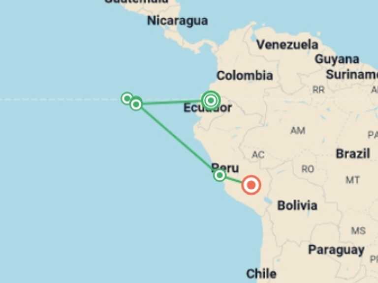 Map of South America Tour with 8 destination visits for the trip: Essential Ecuador And Peru