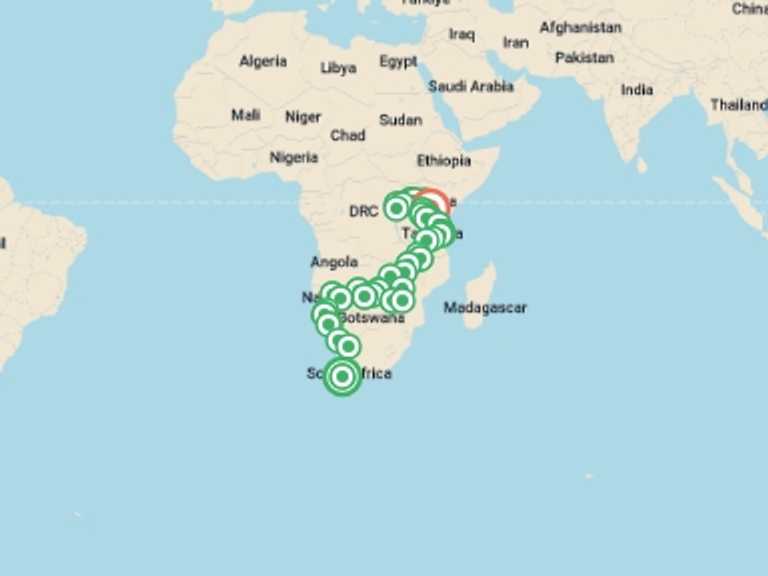 Map itinerary of Kisoro Tour in May 2026 with 43 destination visits for the trip: Africa Encompassed Northbound