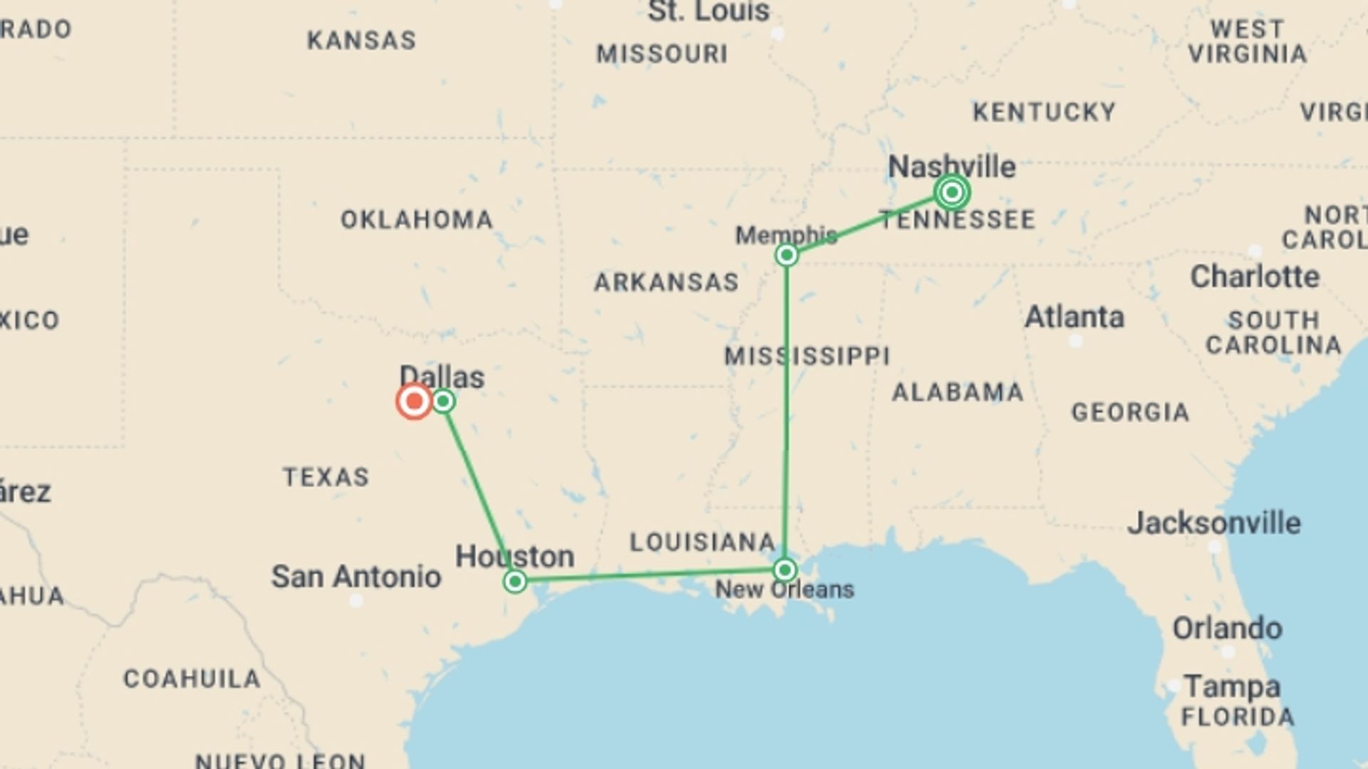 A map showing the tour itinerary for the trip: USA: Nashville to Dallas Road Trip, starting in Nashville, USA and ending in Fort Worth, USA going through 4 other destinations.