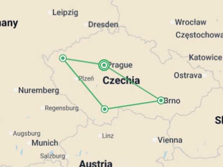 Map itinerary of Europe Tour in Fall with 4 destination visits for the trip: Full Czechia