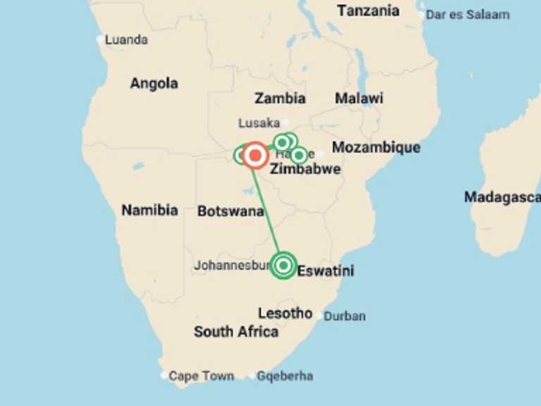 Map of a Cruise Tour with 7 destination visits for the trip: Safari Cruise along the Zambezi River - South Africa, Botswana, Namibia, Zimbabwe (port-to-port cruise)