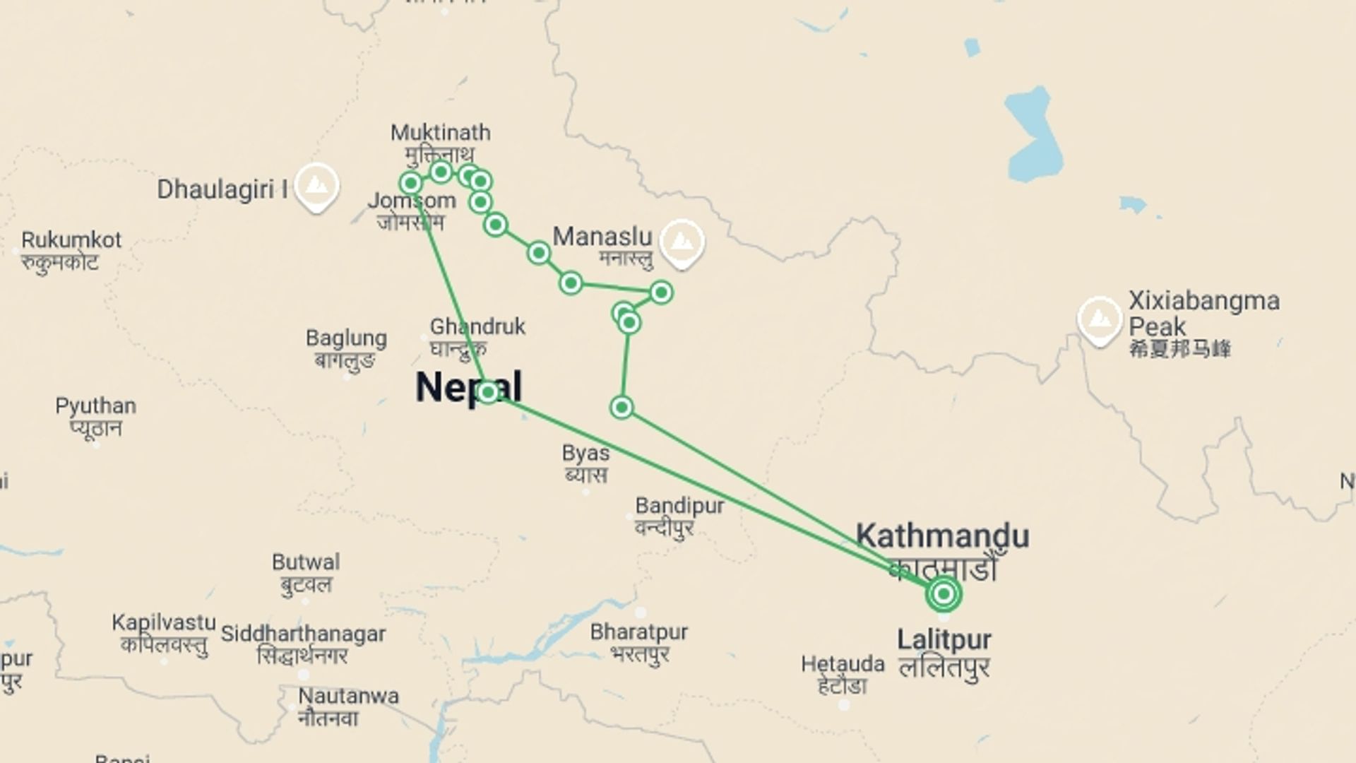 A map showing the tour itinerary for the trip: Annapurna Circuit trek, starting in Kathmandu, Nepal and ending in Kathmandu, Nepal going through 11 other destinations.
