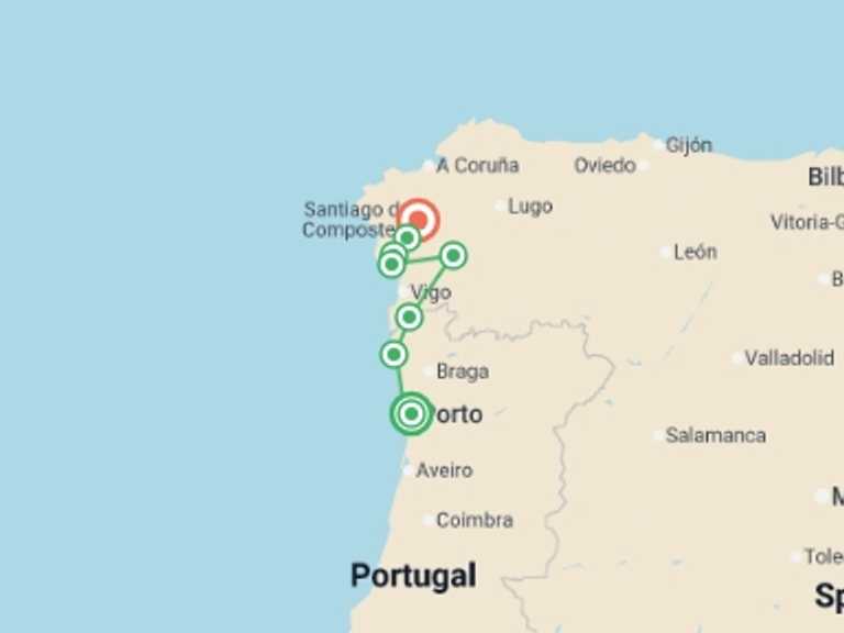 Map itinerary of Europe Tour in Summer with 8 destination visits for the trip: Portuguese Camino Highlights Walk