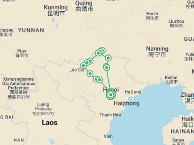 Map of Hanoi Active and outdoor Tour with 11 destination visits for the trip: Northern Vietnam Motorbike Adventure 11 Days 10 Nights
