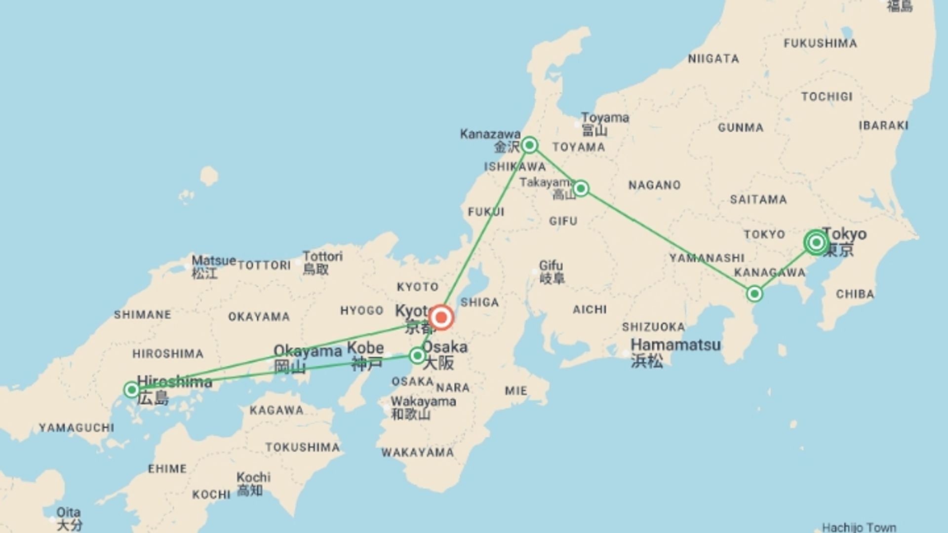 A map showing the tour itinerary for the trip: Jump Into Japan - 14 days, starting in Tokyo, Japan and ending in Kyoto, Japan going through 5 other destinations.