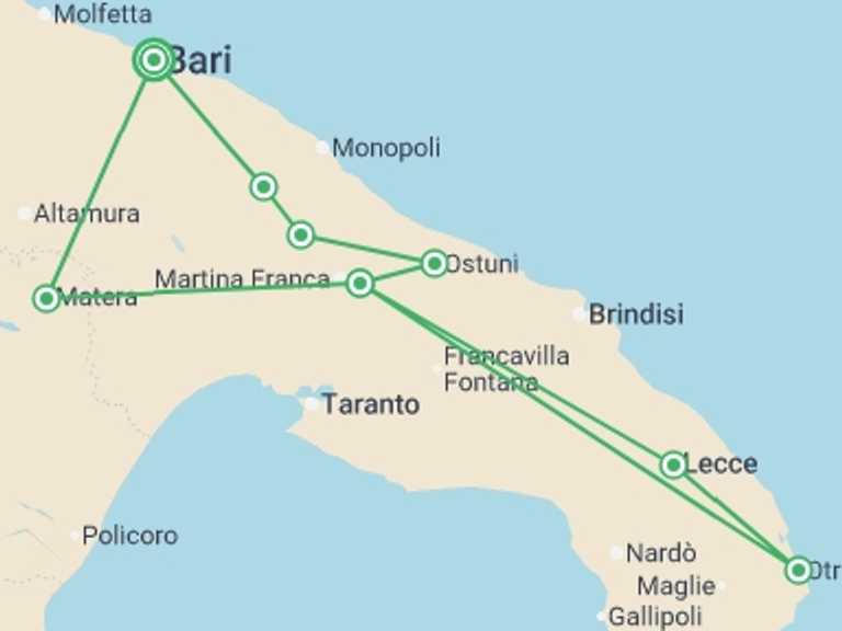 Map of Europe Explorer Tour with 2 destination visits for the trip: Puglia Express: 5 Days of Southern Charm