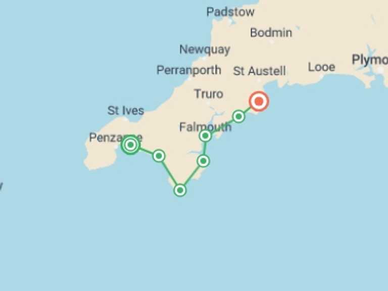 Map of England Tour with 7 destination visits for the trip: South West Coast Path: Penzance to Mevagissey - 8 Days