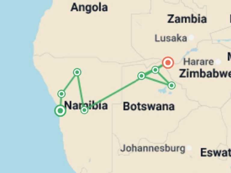 Map itinerary of Southern Africa Tour in February 2026 with 10 destination visits for the trip: Namibia & Botswana Uncovered - 2026