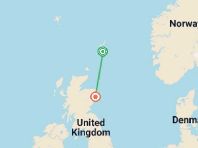 Map itinerary of UK and Britain Tour in June 2027 with 2 destination visits for the trip: Scotland's Shetland Islands
