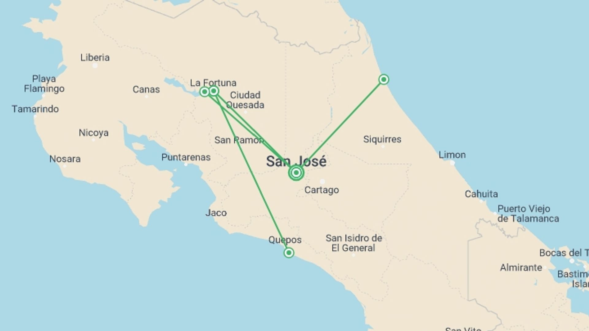 A map showing the tour itinerary for the trip: Costa Rica Nature Escape, starting in San Jose, Costa Rica and ending in La Fortuna, Costa Rica going through 2 other destinations.