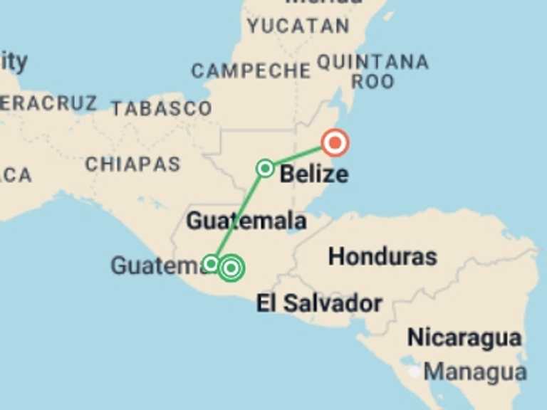 Map of North America Tour with 4 destination visits for the trip: Highlights of Guatemala and Belize - 12 Days 