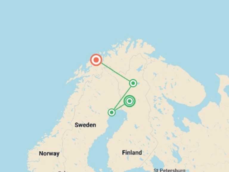 Map of Northern Europe Tour with 4 destination visits for the trip: Northern Scandinavia in Winter